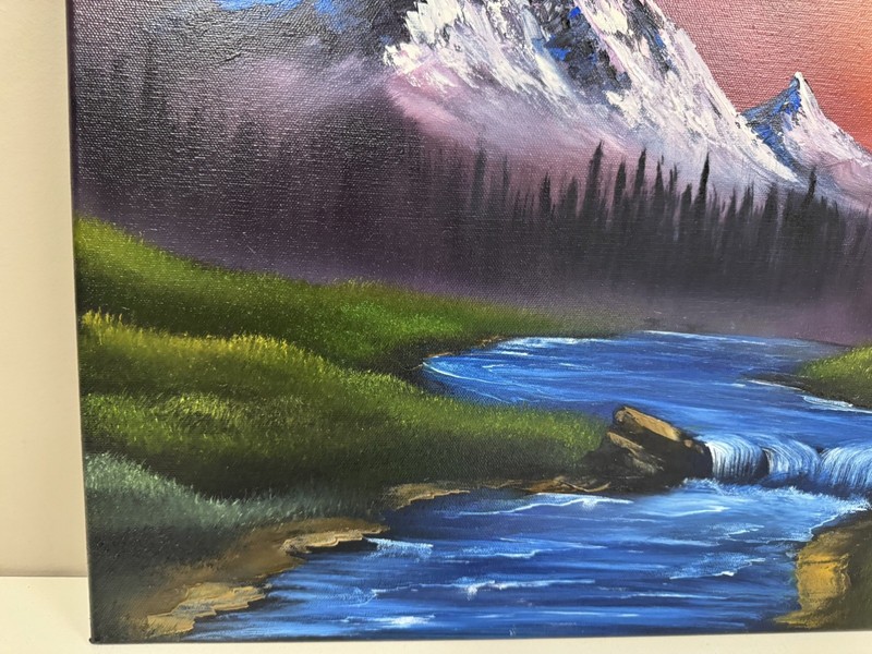 Mountain River, Original Oil Painting, Sunset, Pine Trees, 18x24” Canvas gallery