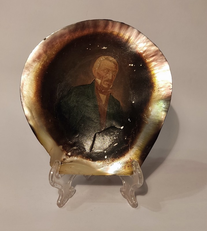 19th Century Victorian Hand Painted Portrait Oyster Clam Shell Mother of Pearl