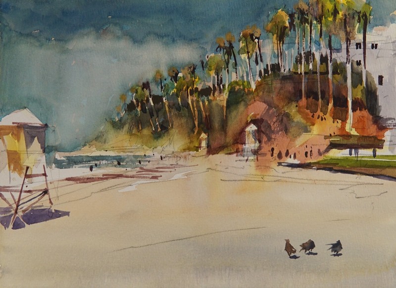 Watercolor Original Laguna Beach Sketch Main beach Palm Trees 9″x12″not a print