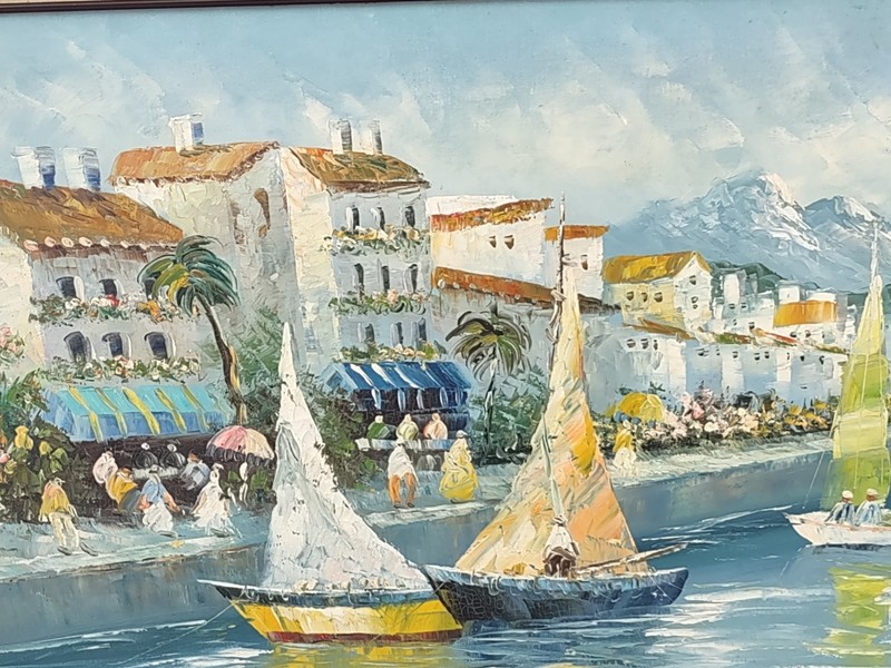 Impressionist Seascape Seaside Town Scene OOAK Painting On Canvas By Brown gallery