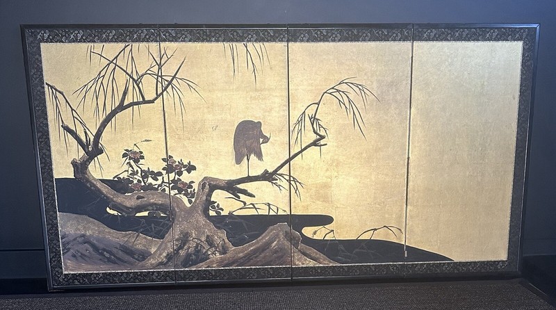 Japanese Screen Byobu Gold 4 Panel Egret Camellia Winter Spring Meiji