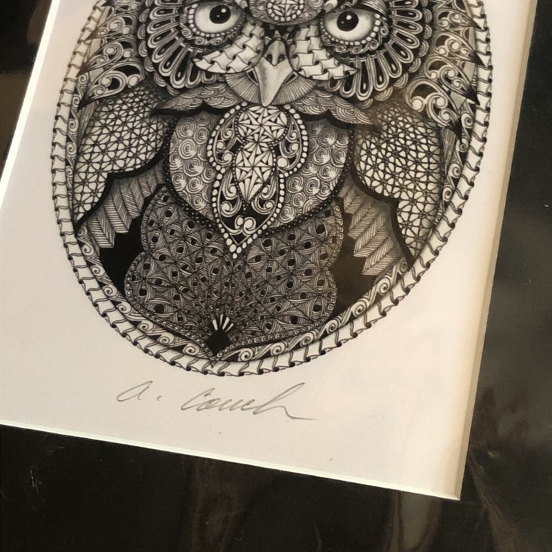 hand-signed owl art print autographed by artist April Couch mandala style gallery