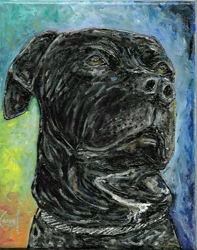 ZEKE Pitbull dog oil Painting 8×10 black lab portrait art signed Crowell canvas