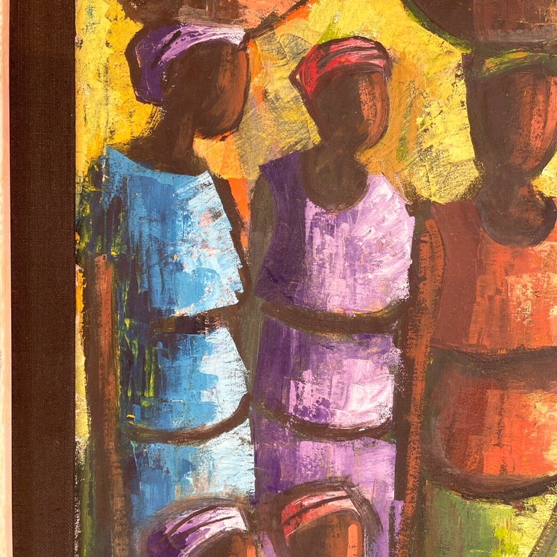 Caribbean Folk Art Painting Villagers Signed Original VTG Canvas Framed 19x27 gallery