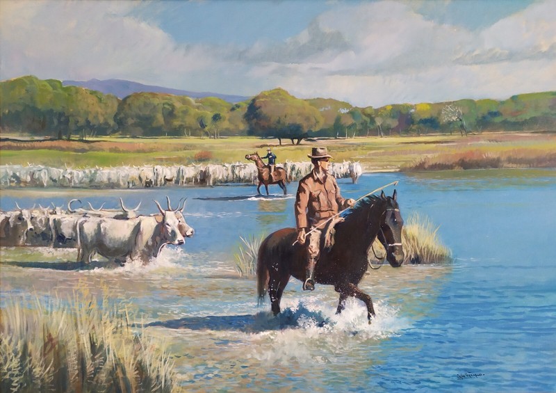 Cowboys on horses driving cattle to the river Large Oil Painting signed Vaccaro