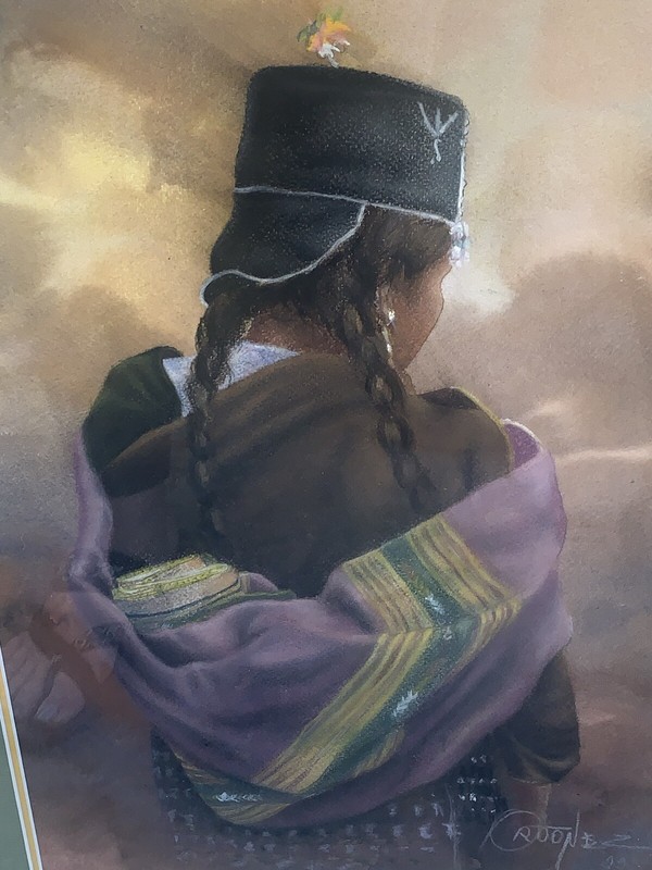 VTG ‘99 Original Girl W/ Braids & Shawl Hat Pastel Signed 22”W 28 1/8”T Framed