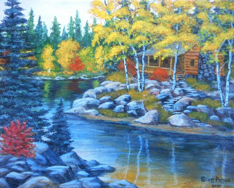 Scott Patton Art: «North Woods Retreat» Original Autumn Lake Cabin Fall Painting