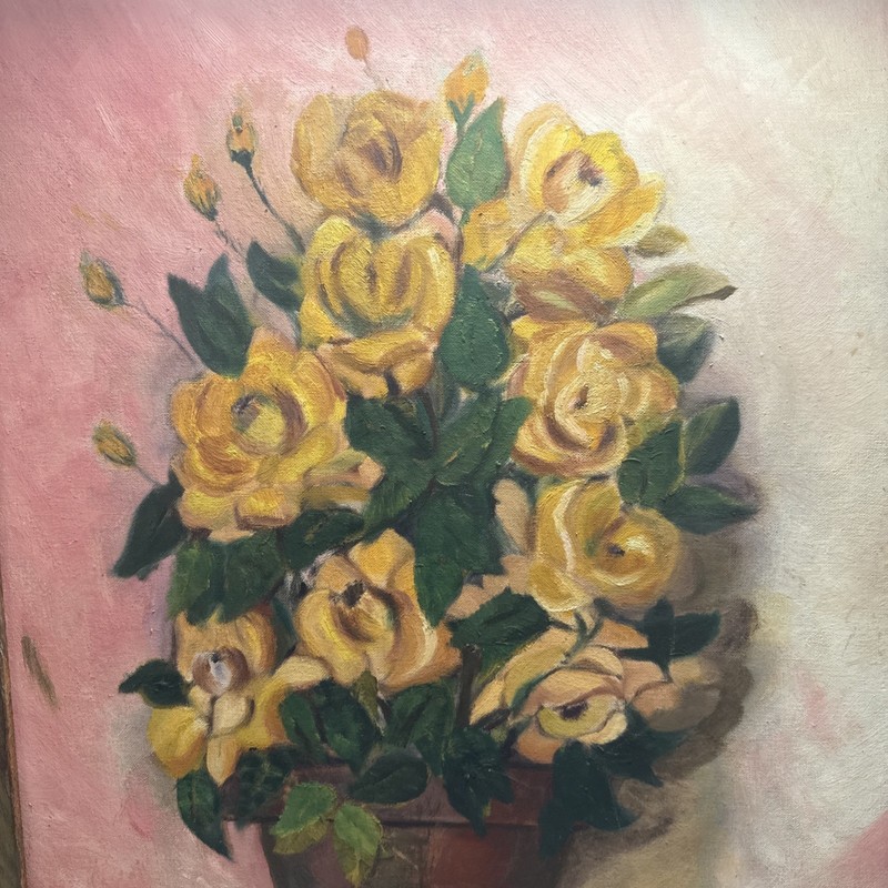 Vintage Floral Yellow Roses Oil Painting Signed Mattie Anderson 27"x 31" gallery