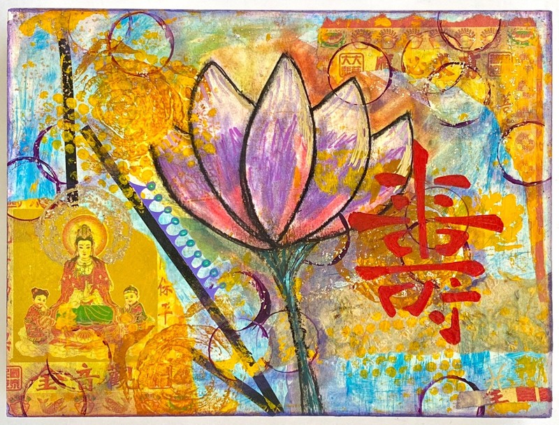 Longevity -Original Asian Fusion Wall Art Mixed Media Painting 9″x12″ Home Decor