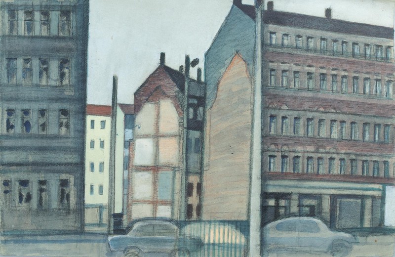 WALTER HERTZSCH – Erich-Ferl/corner Torgauerstr. Mixed Media on Paper – 1991