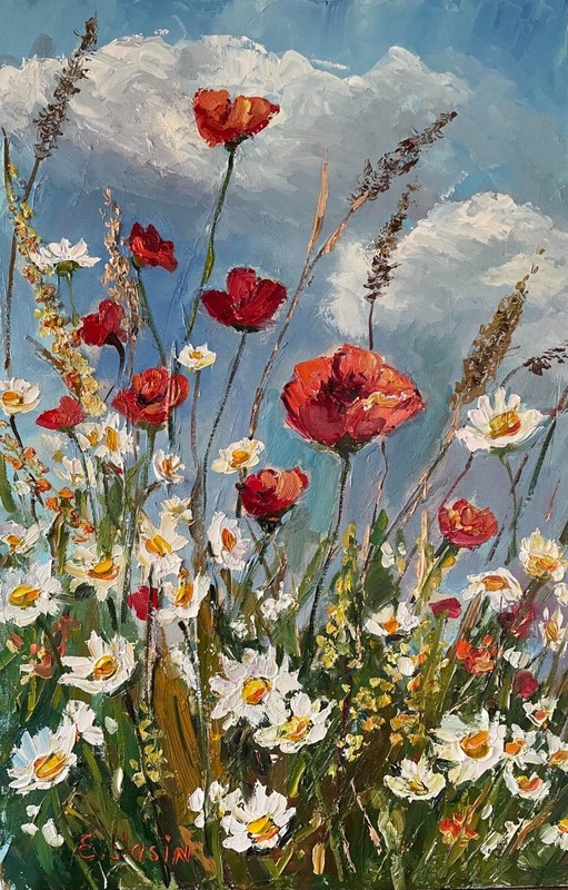 Original oil painting Red poppies Wildflowers Floral Сountryside Wall art gift