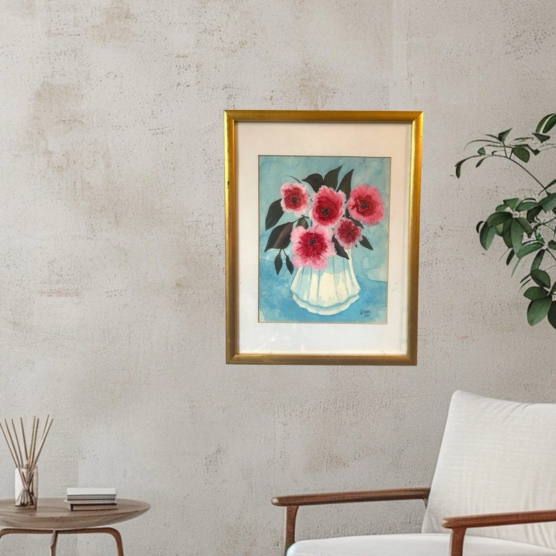 Original Vtg Framed & Matted Watercolor Painting Of Peonies signed & dated 16×21