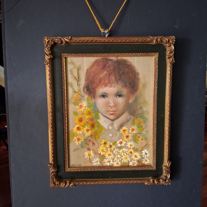 Nadine Campbell Hoskins Oil Portrait of a Child with Flowers c. 1960s
