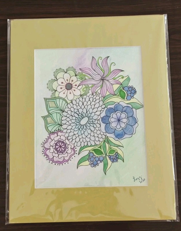 Handcolored Flowes And Vines, Matte, Artwork, Blues, Greens, Yellows, 14″ x 11″