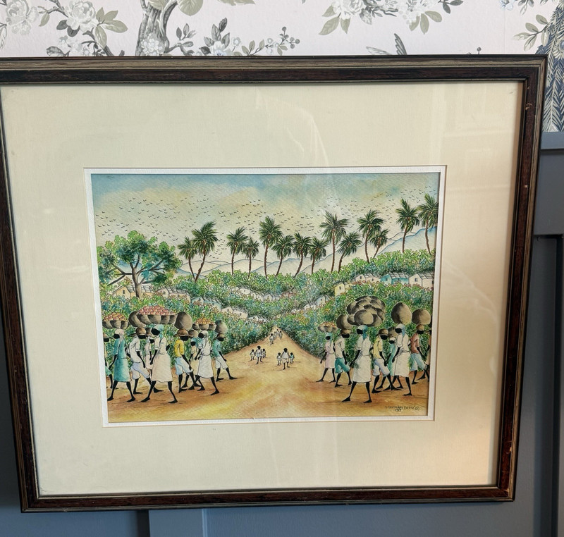 Vintage Haitian Watercolor Village Art Martino Dorcé Signed 22 x 19 Framed 1989