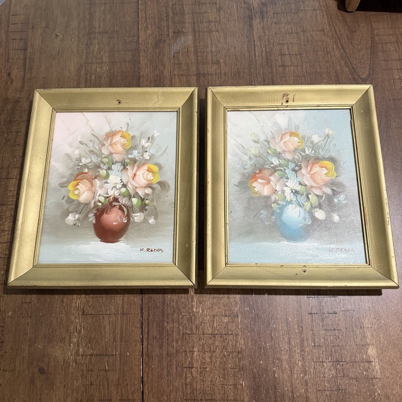 2 Vtg Artist Signed Oil Pantings Floral 12”x10”Wood Framed Canvas Impressionist