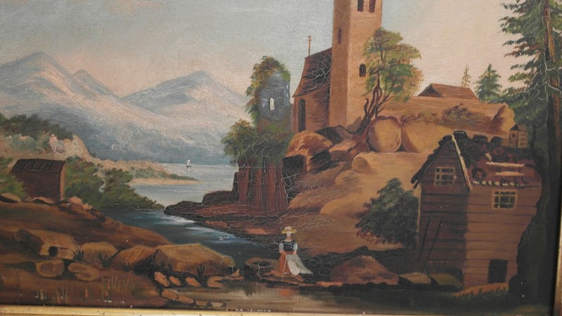 19th Century Oil on Board Landscape in Period Walnut Frame gallery