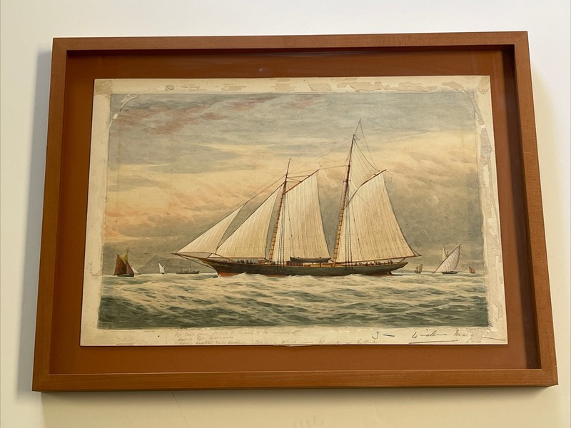 ANTIQUE PAINTING NAUTICAL SHIP SIGNED ILLUSTRATION BOTA WORKERS MYSTERY SEA