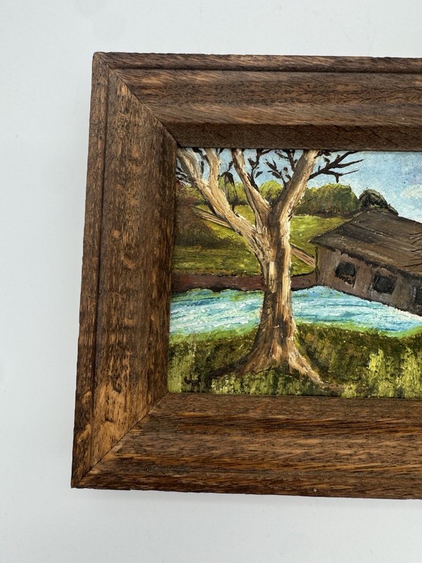 Vintage Original Oil Painting Covered Bridge Iowa Landscape Approx 9x5 gallery