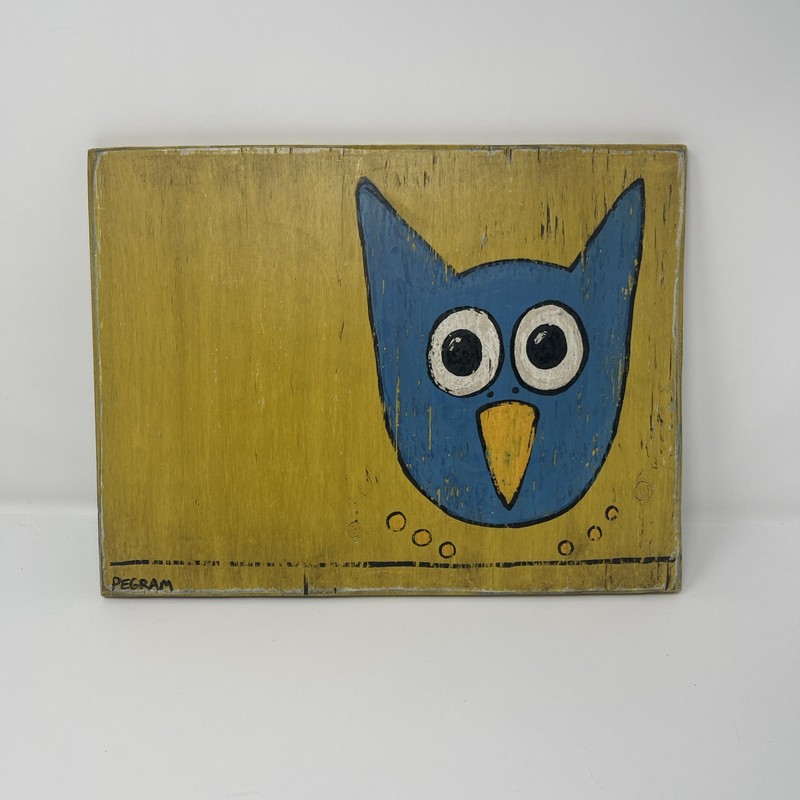 Candy Pegram Painting Folk Art On Wood Yellow Blue Owl 2015 Whimsical