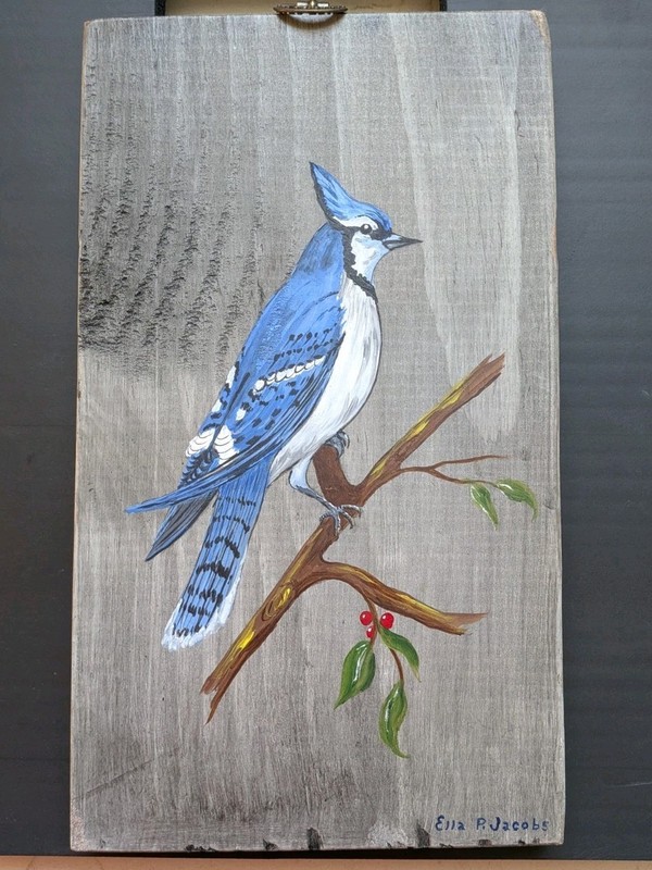 Vintage Blue Jay Painting on Barn Wood Plaque Ella P Jacobs 10″ x 6″