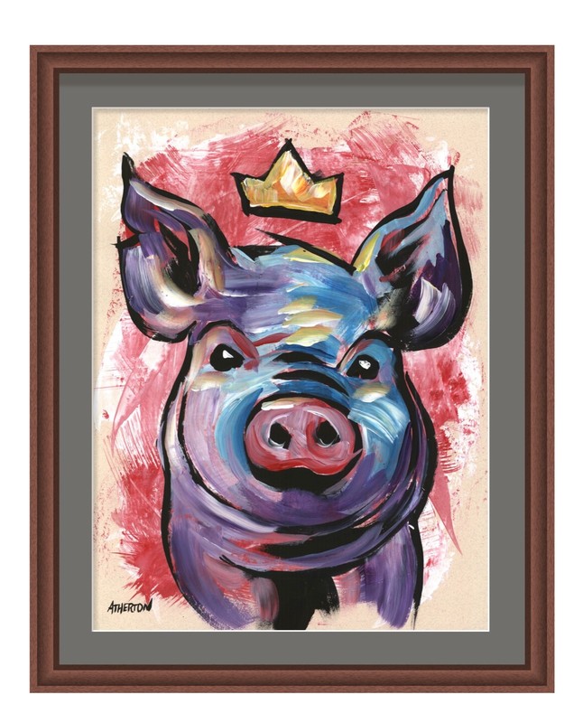 Atherton 9×12 Original Abstract Royal Prince Painting «Crowned Pig 3» signed