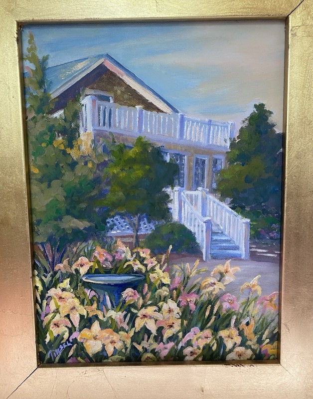Beautiful Oil Painting with House, Flowers and Birdbath in Gold Wooden Frame gallery