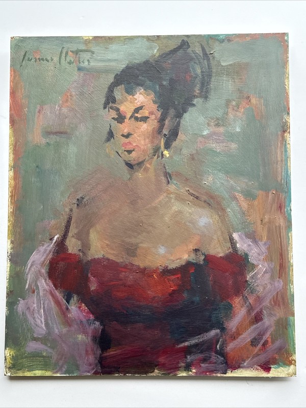 MID CENTURY PAINTING PRETTY WOMAN RED DRESS MYSTERY SIGNED IMPRESSIONIST 24″ OIL