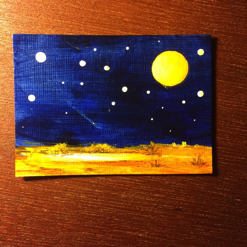 ACEO Original Acrylic Landscape Painting Mojave Desert Night Blue Sky Stars #2 gallery