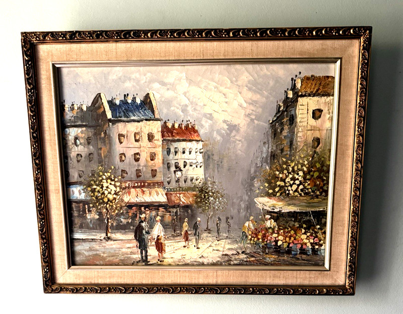 Vintage Paris Street Oil Painting Caroline Burnett Style Ornate Frame 19"x15" gallery