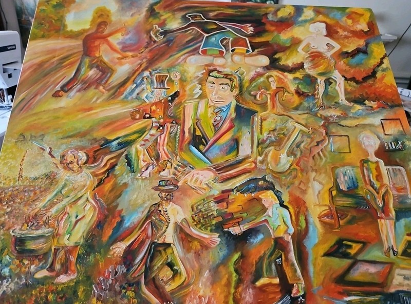 Original VTG OOAK 1984 Abstract Art Oil On Linen "Good Old Days Side 2" Signed gallery