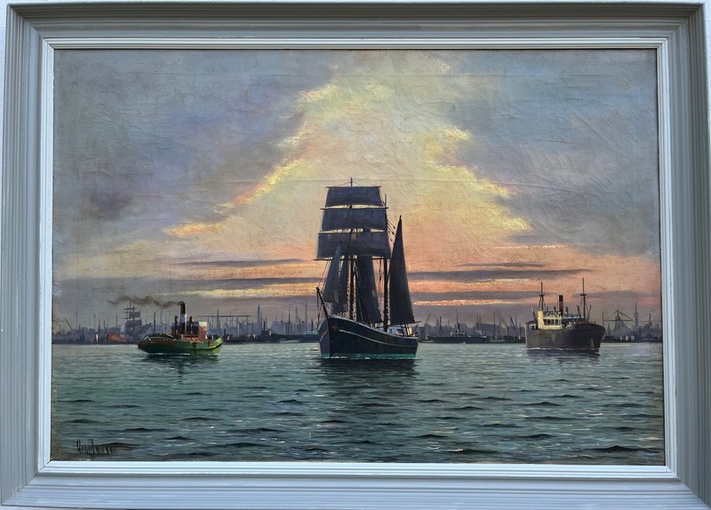 Marine Painter Arup Jensen 1906-1956 Ships Port Sunset Kopenhagen