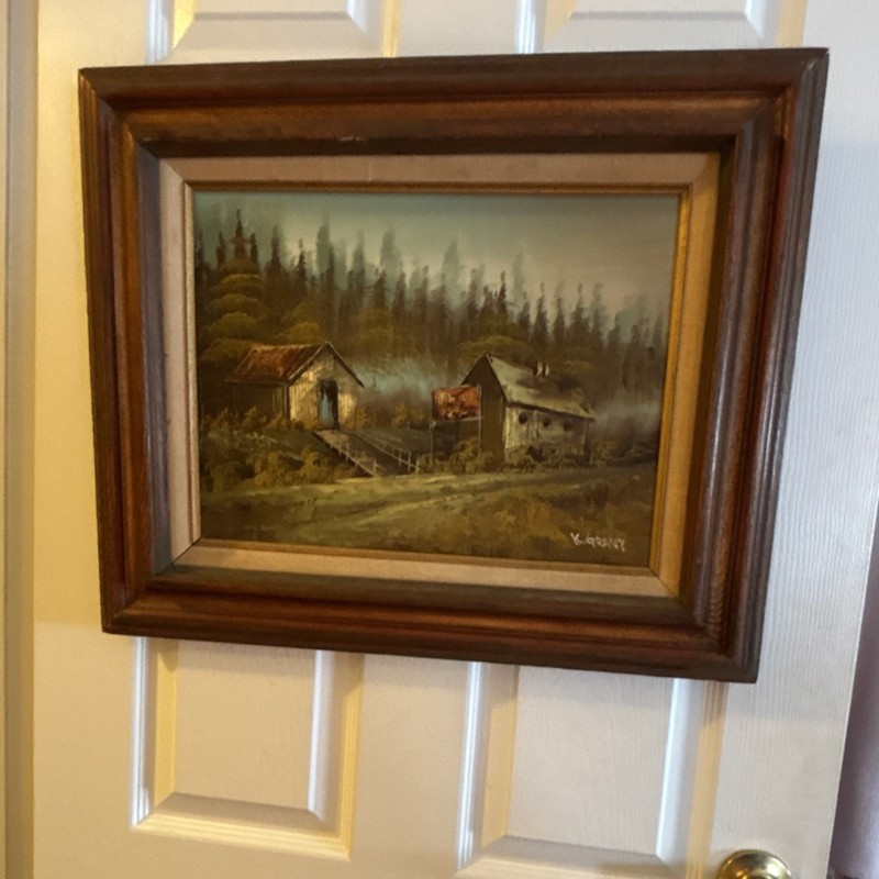 K. Grant Signed Original Oil Painting Landscape Buildings Forest Framed