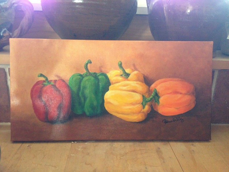 original painting on stretched canvas,Texas artist,red/yellow/orange peppers