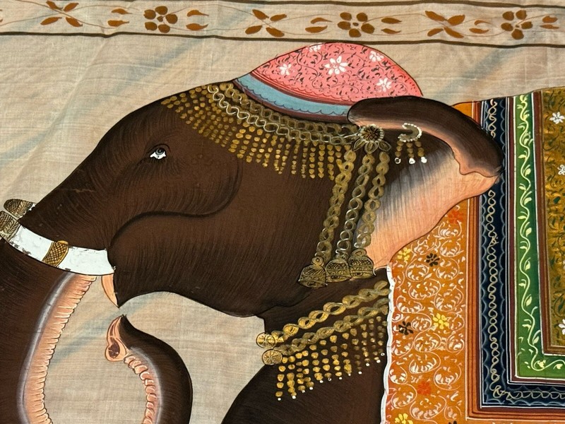 Vintage Large Elephant Hand Painted Indian Art Work On Silk 22” X 30” gallery