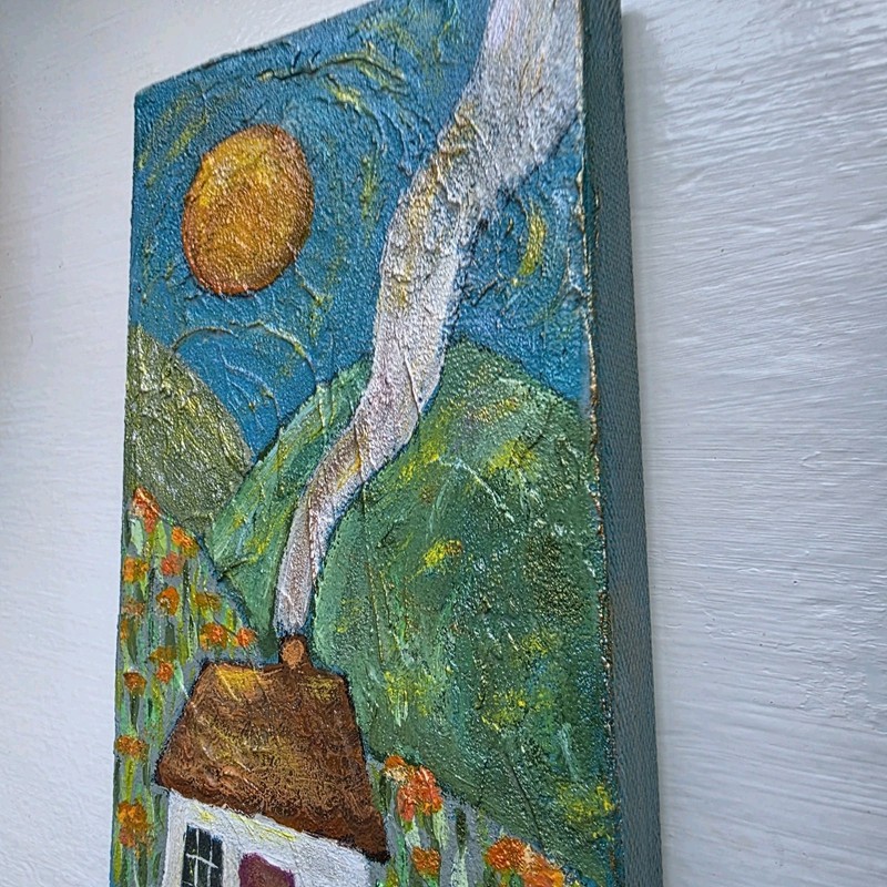 Folk Art ORIGINAL Canvas House Home Landscape Sun Sea Fish Waves Meadow Hills gallery