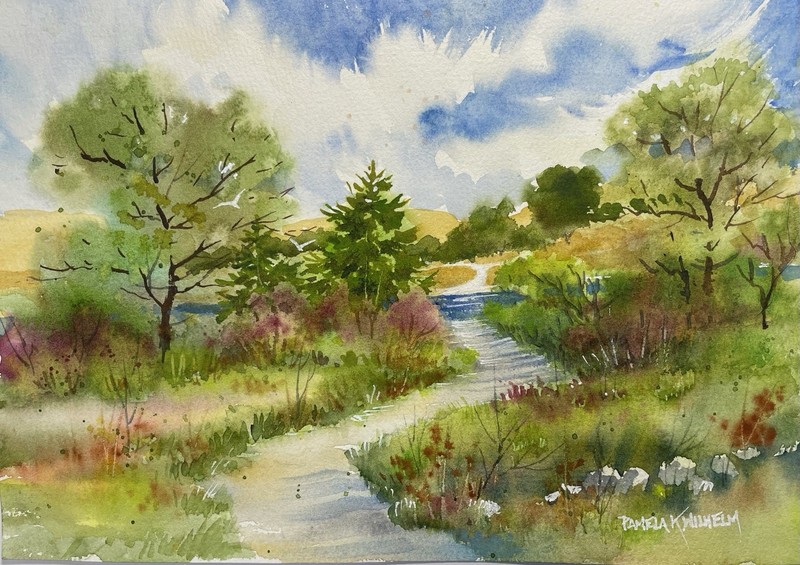 ORIGINAL 7.5×10.5” Watercolor By PAMELA WILHELM Summer Path River Clouds Trees