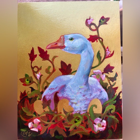 Original Golden Goose Painting Art Floral Surrealism Nature Artettina Nouveau US