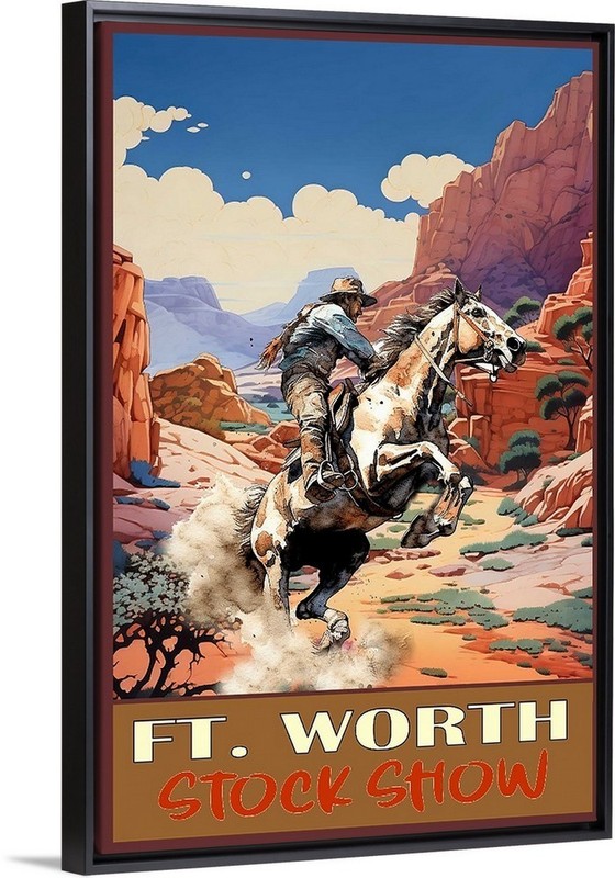 Ft. Worth Stock Show Bucking Horse Travel Art Print, Framed or Canvas Mustang