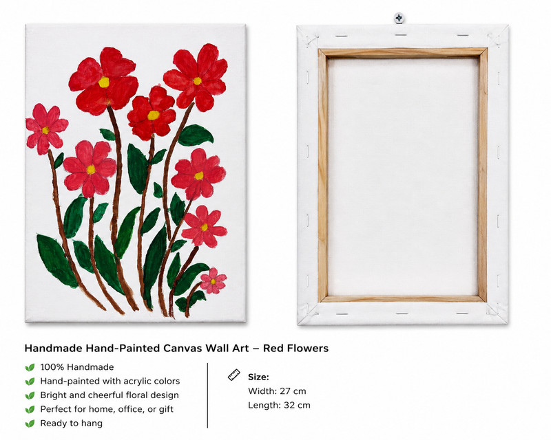 Original Handmade Acrylic Red Flower Painting on Canvas Wall Art 27x32 cm