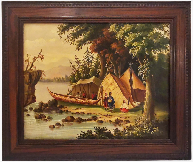 MID-19TH C AMERICAN FOLK ART ANTIQUE PRIMITIVE O/C INDIAN CAMP & PORTAGE, FRAMED