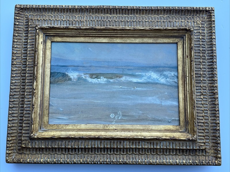 ANTIQUE COASTAL PAINTING BEACH WAVES 1920'S ESTATE STAMPED SIGNATURE MYSTERY SEA gallery