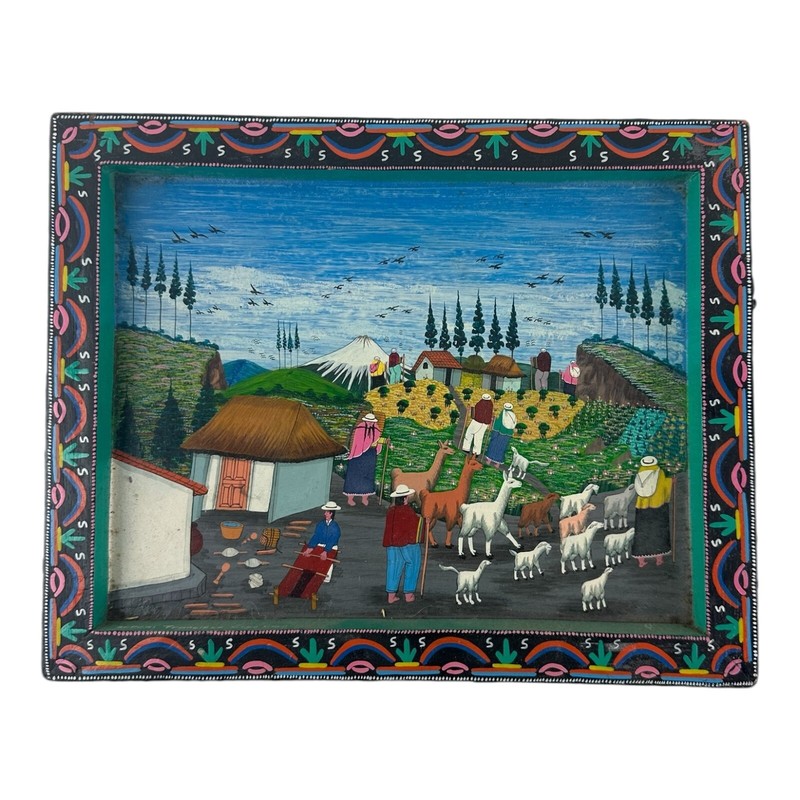Signed Francisco Cuyo Vega Original Indigenous Village Life Scene Folk Art Paint