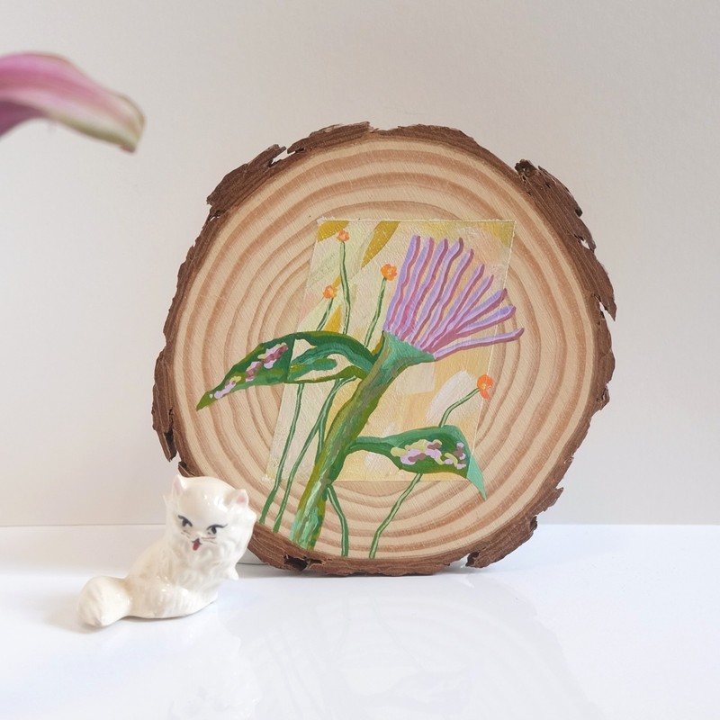 OOAK Original Acrylic Painting Wildflowers on Wood Slice Solid Panel Lavender
