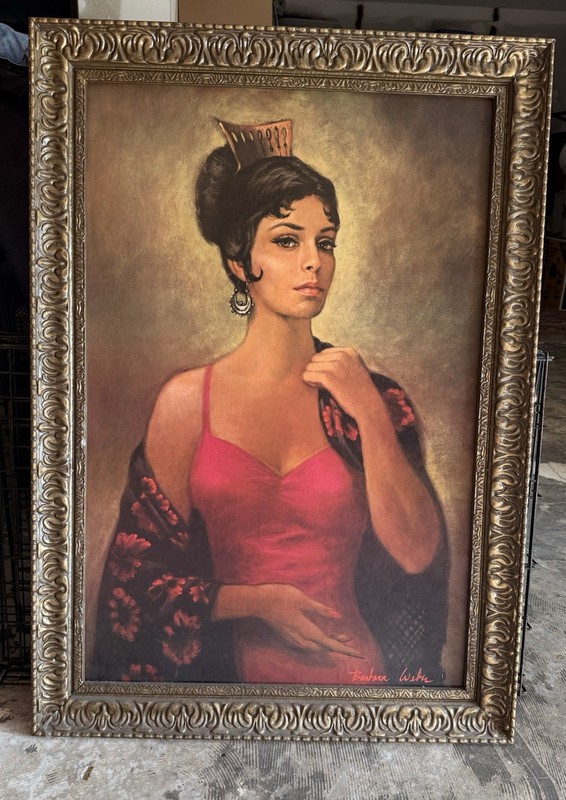 Barbara Weber Framed Portrait Painting of Woman in Red Dress on Canvas, Signed