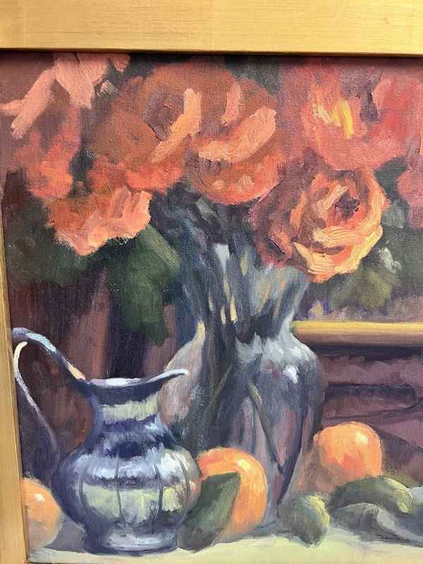Original Oil Painting Floral Still Life w/Silver Pitcher - Mark Monssart 16x20 gallery