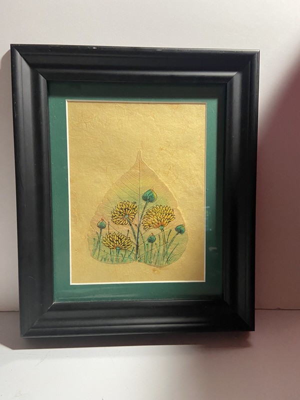 Vintage Hand Painted Peepal Tree Leaf India Greeting Card Framed & Matted 10×13