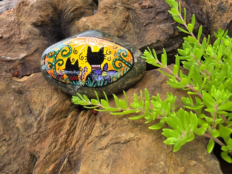 Hand Painted Cat Kindness original Rock paper weight Painting Art Gift gallery