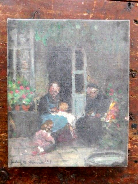 Listed Jules R Herve Original Oil Painting-Grandparents & Children-France 1930’s