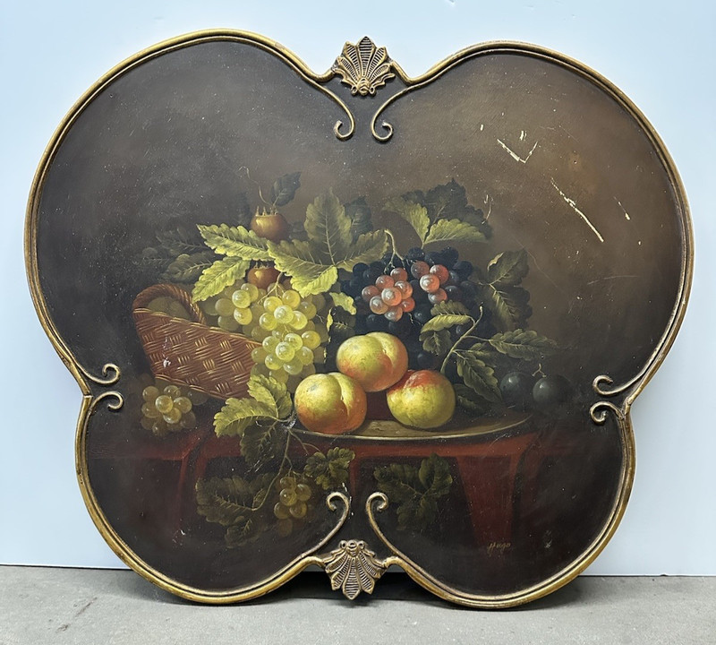 Antique Barbizon Style Gilded Still Life Painting Fruit Scalloped Ornate Frame